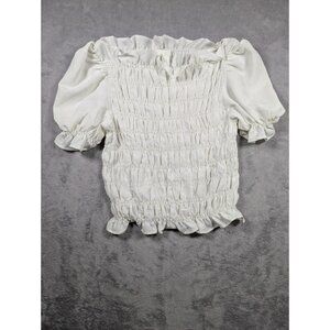 H&M Womens White Smocked Puff Sleeve Blouse Size Small Peasant Top Festival